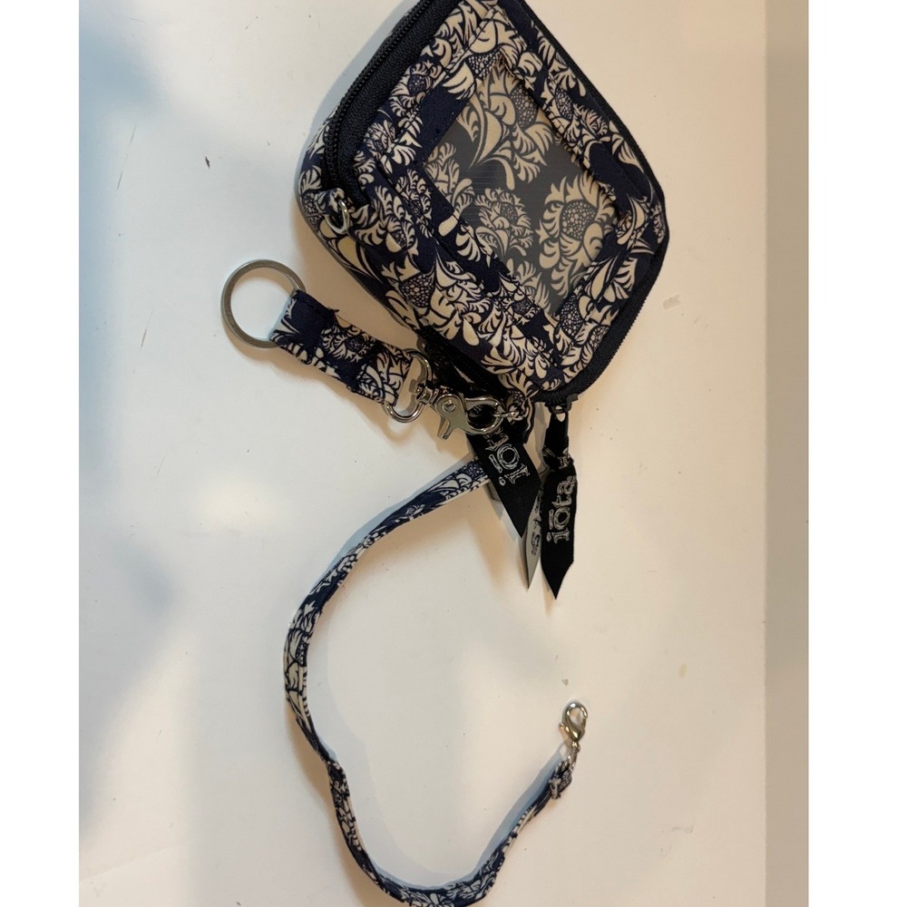 Iota Chic Navy Blue Floral Zip ID Case Wallet with Lanyard and Key Ring